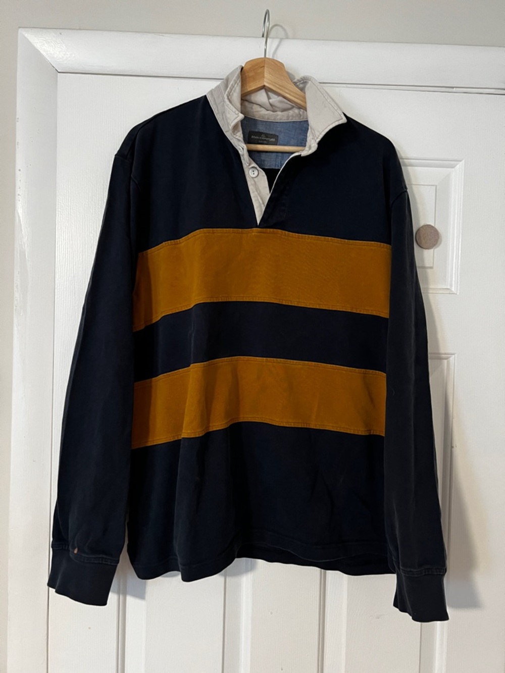 Vintage L.L.Bean Signature Navy and Mustard Rugby Pullover with Cream Trim